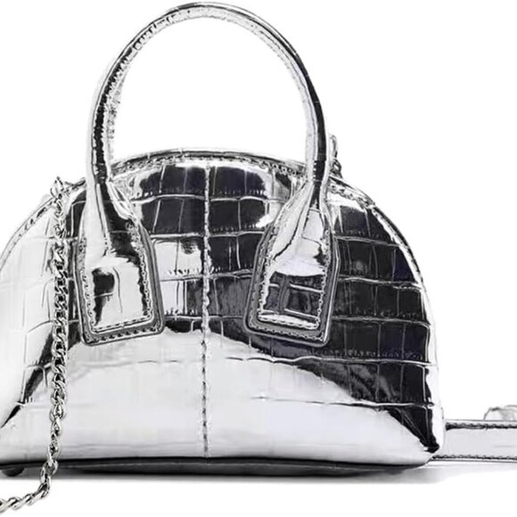 Handbags - Mini Silver Crossbody Purse Leather Small Top Handle Pink Metallic Bag